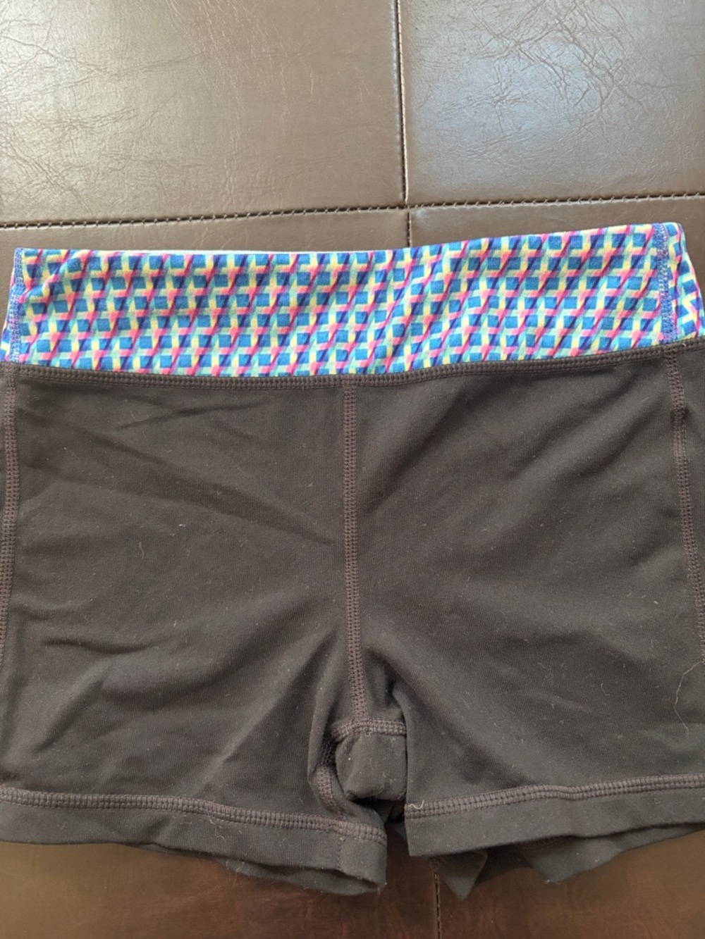 Athleta Black Bike Shorts with Multicolor Geometric Waistband